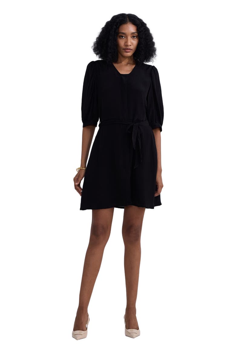 Short Black Dress with a Waist-tie in Black, Alternate, color, Black