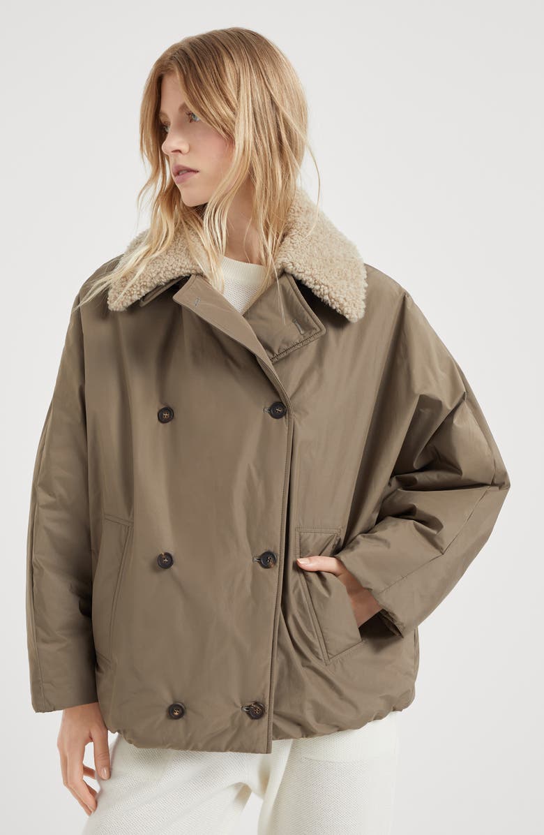Brunello Cucinelli Water-resistant taffeta down jacket with detachable shearling collar and monili, Alternate, color, 