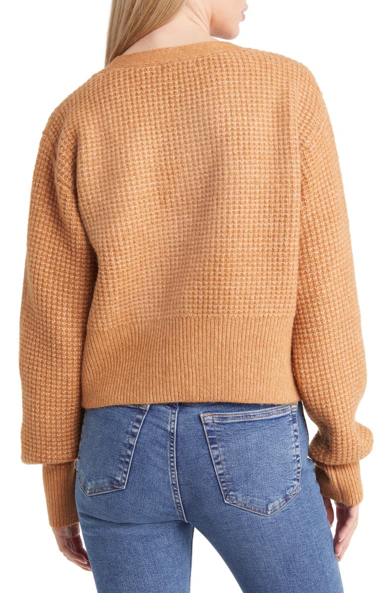 Topshop Waffle Knit Crop Cardigan, Alternate, color, Camel