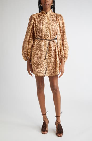 Zimmermann Cascadian Leopard Print Long Sleeve Tunic Dress In Brown