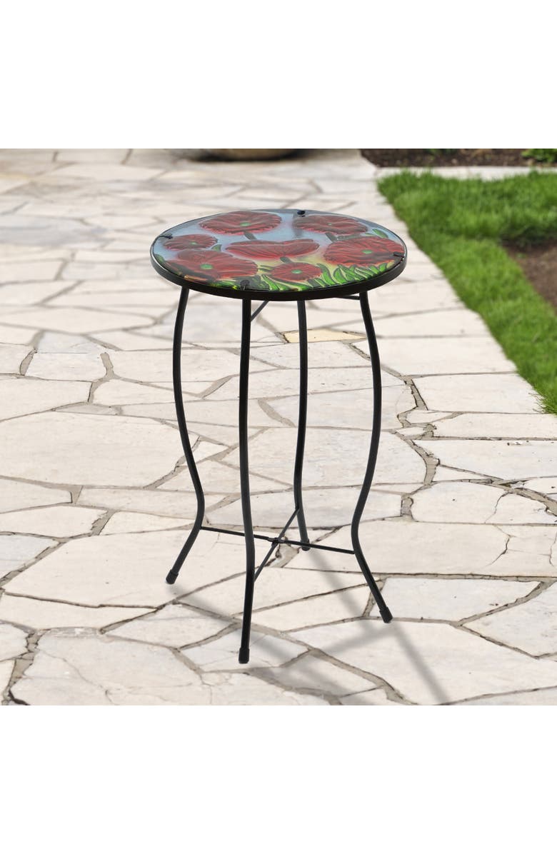 Northlight 19" Red Floral Poppies Glass Patio Side Table, Alternate, color, Red