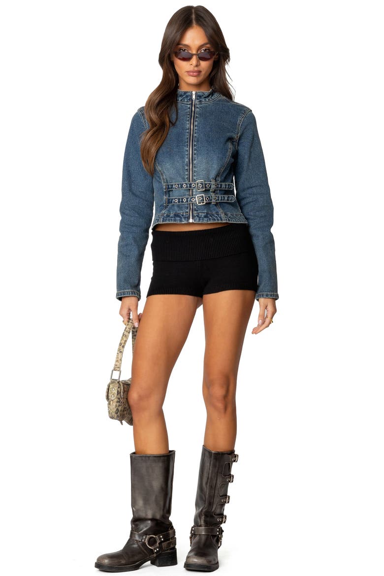 Double Buckle Strap Denim Jacket, Alternate, color, BLUE