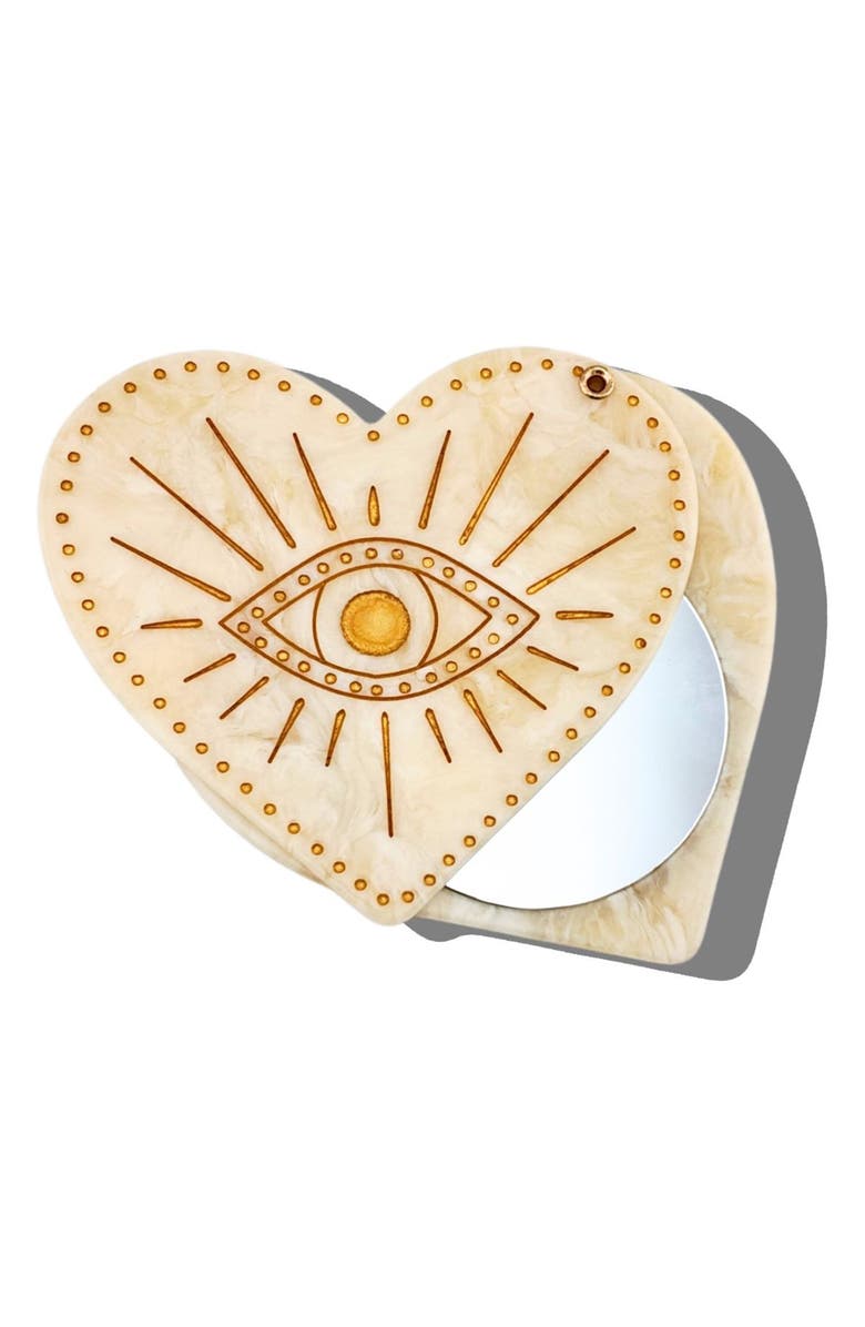 Solar Eclipse Celestial Heart Hand Painted Compact Mirror, Main, color, Beige
