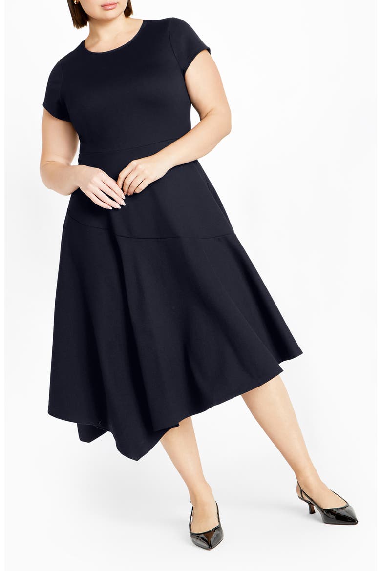 Sunny Asymmetric Hem Ponte Dress, Main, color, NAVY