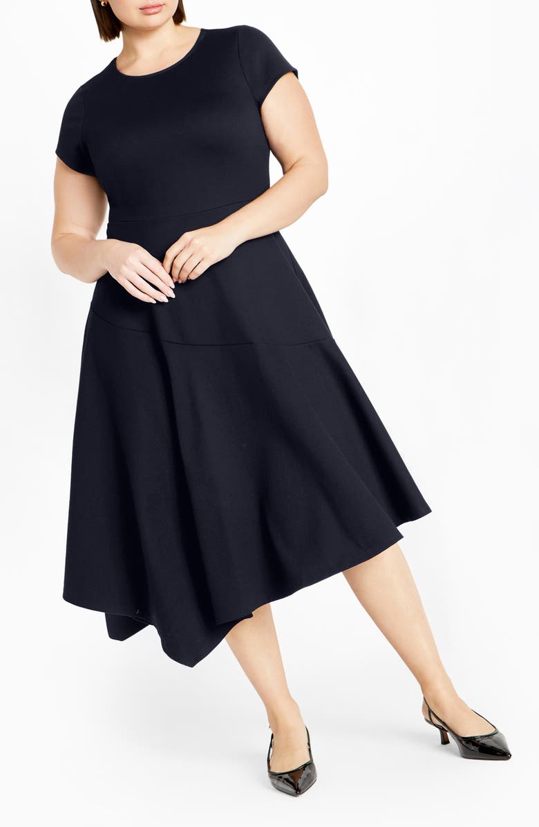 City Chic Sunny Asymmetric Hem Ponte Dress, Main, color, Navy