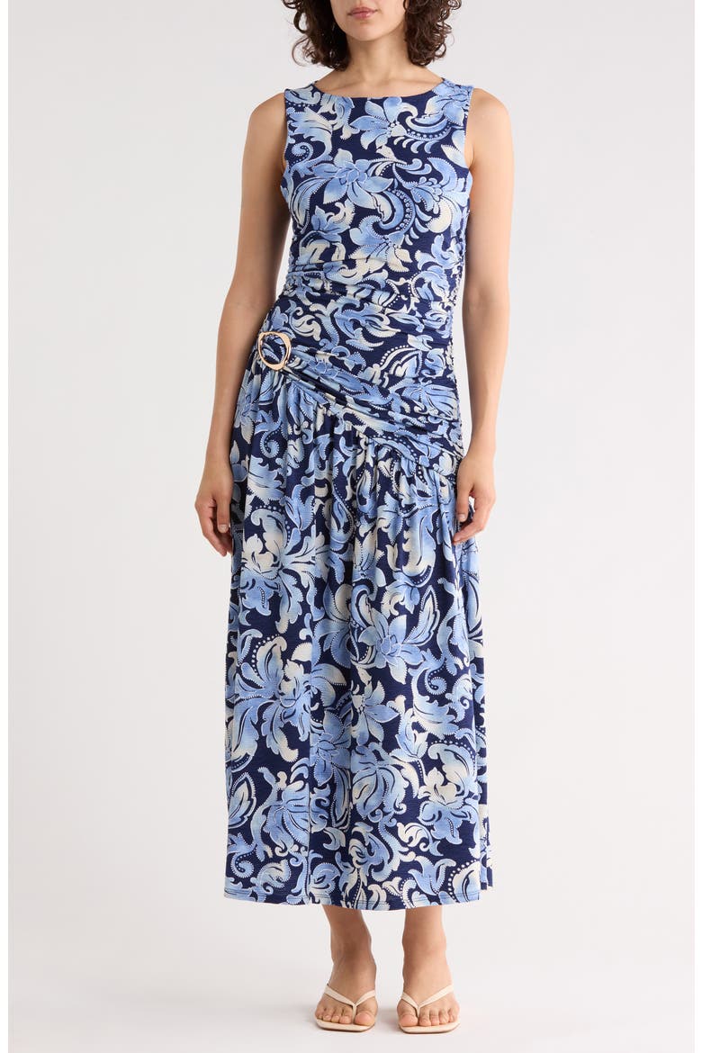 Ruched Ring Midi Dress, Main, color, BLUE/WHITE FLORAL