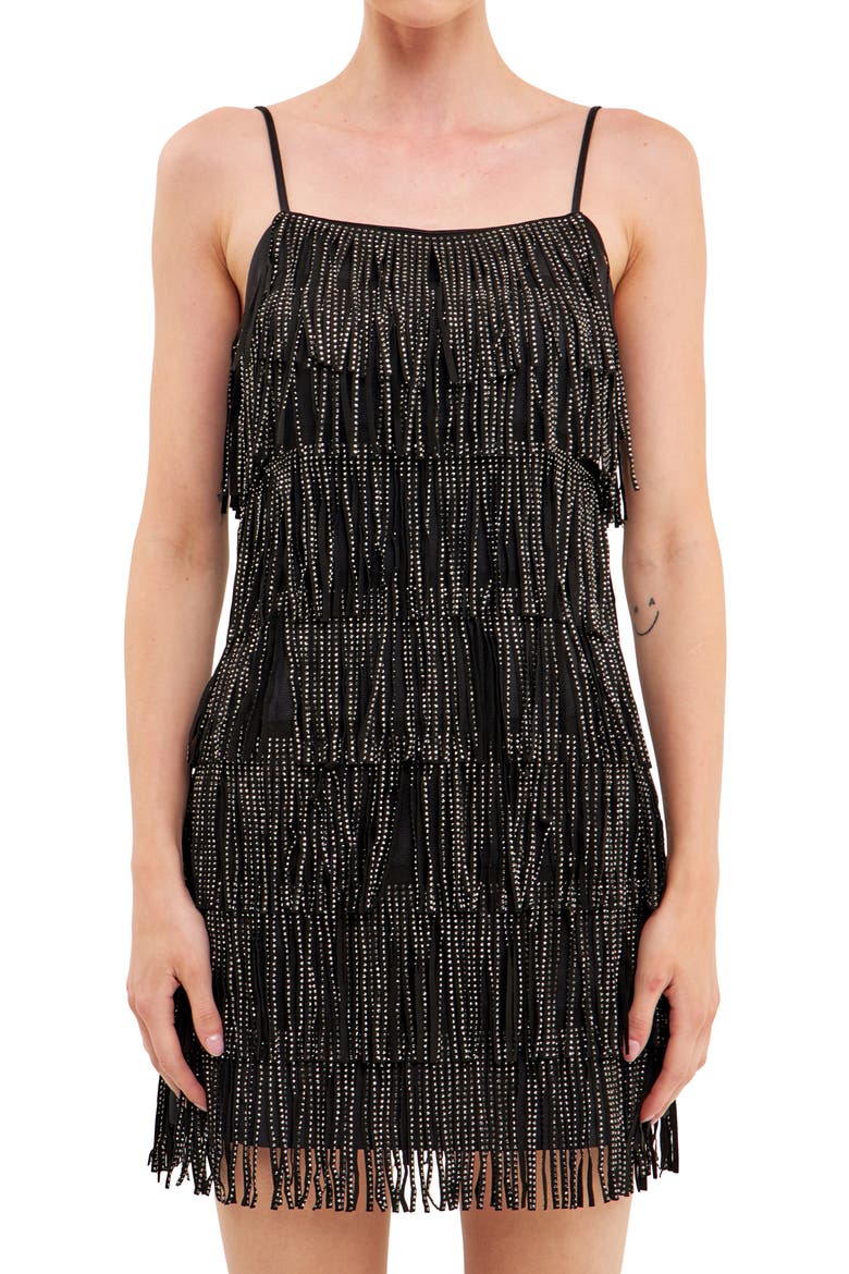Beaded Fringe Minidress, Alternate, color, BLACK