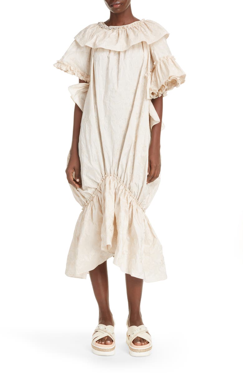 Simone Rocha Asymmetrical Embroidered Bubble Midi Dress, Main, color, 