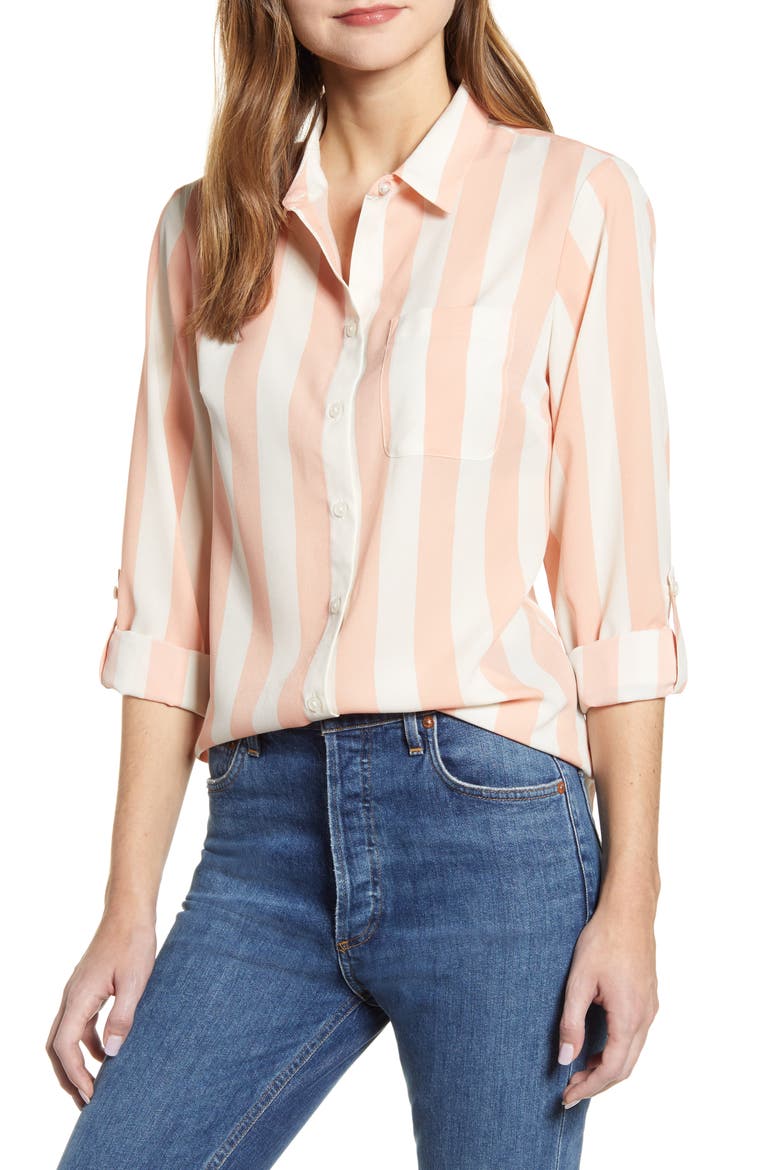 Lawn Stripe Button-Up Shirt, Main, color, LAWN STRIPE- PEARL IVORY/ PINK