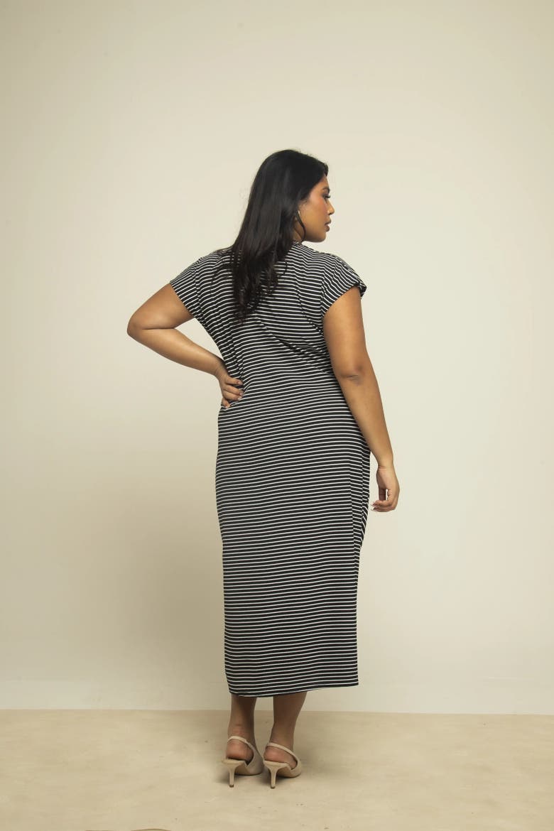 Cinched Striped Print Midi Dress, Alternate, color, Black