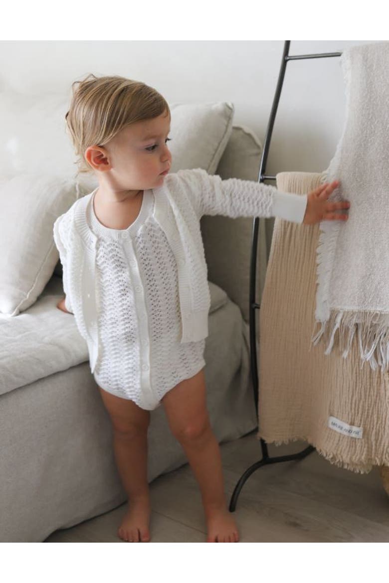 Looms Wave Collection - Knit Pointelle Short Sleeve Romper, Alternate, color, Ivory