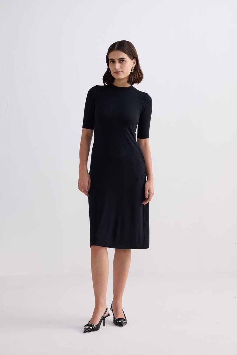 High Crew Neck Fitted Dress with Elbow Sleeves, Alternate, color, Black