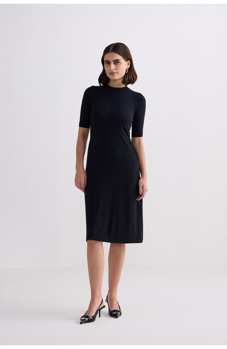 Reistor High Crew Neck Fitted Dress with Elbow Sleeves, Alternate, color, Black