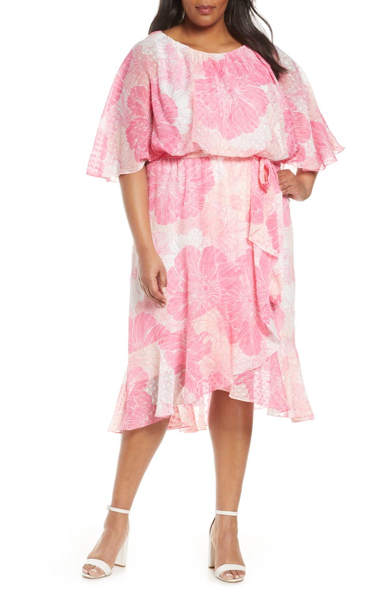 Floral Flutter Sleeve Clip Dot Chiffon Blouson Dress, Main, color, HOT PINK/ IVORY