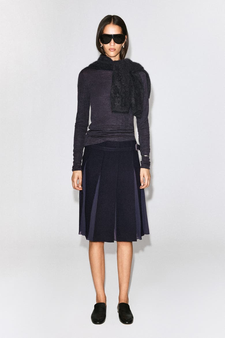 Belted Pleated Wool-Blend Skirt, Main, color, NAVY