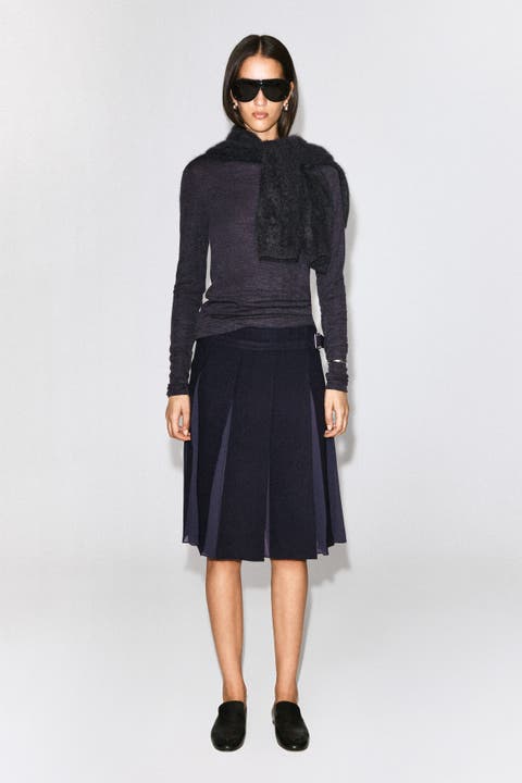 Belted Pleated Wool-Blend Skirt