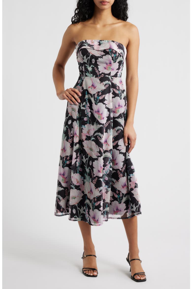 Elena Floral Strapless Cocktail Midi Dress, Main, color, BLACK FLORAL