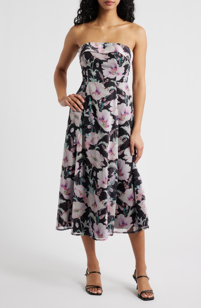 Lulus Elena Floral Strapless Cocktail Midi Dress, Main, color, Black Floral