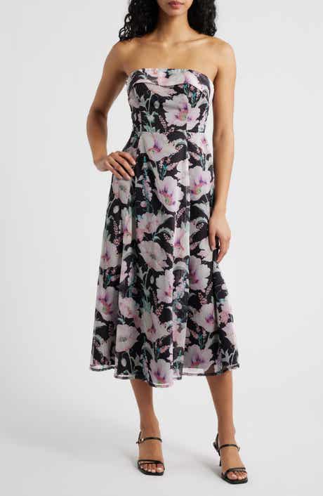 Elena Floral Strapless Cocktail Midi Dress