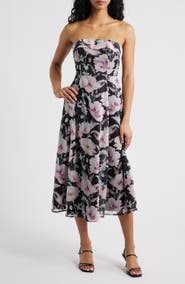 Lulus Elena Floral Strapless Cocktail Midi Dress