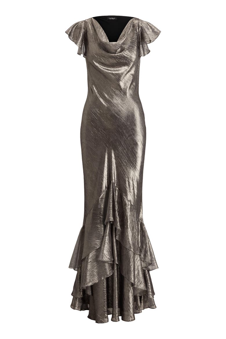 Paisley Metallic Ruffle Trim Gown, Alternate, color, GREY MULTI