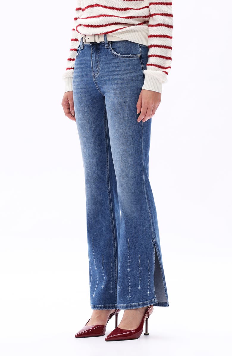 Bayeas Print Split Hem Mid Rise Flare Jeans, Alternate, color, Light Blue