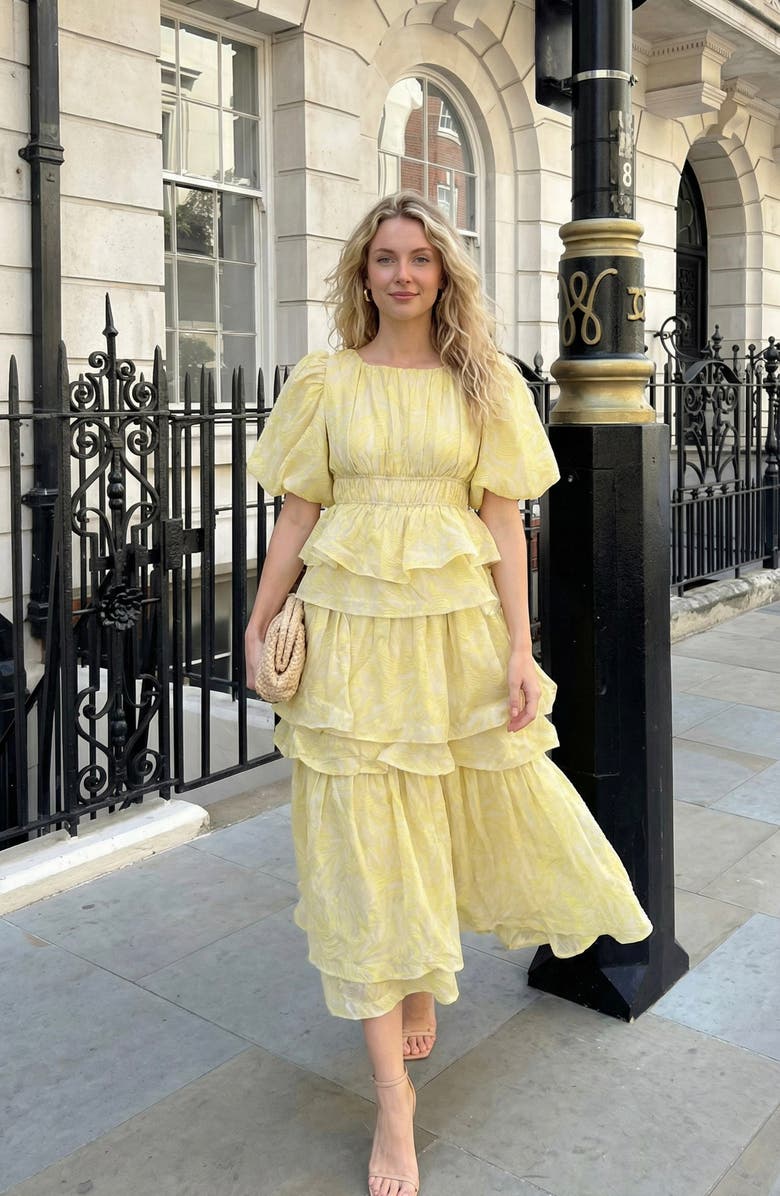 Modenaire Puff Sleeve Tiered Ruffle Midi Dress, Alternate, color, Pale Yellow