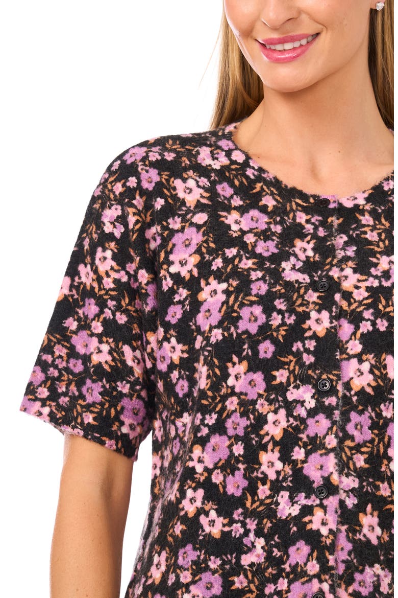 Floral Print Short Sleeve Cardigan, Alternate, color, RICH BLACK