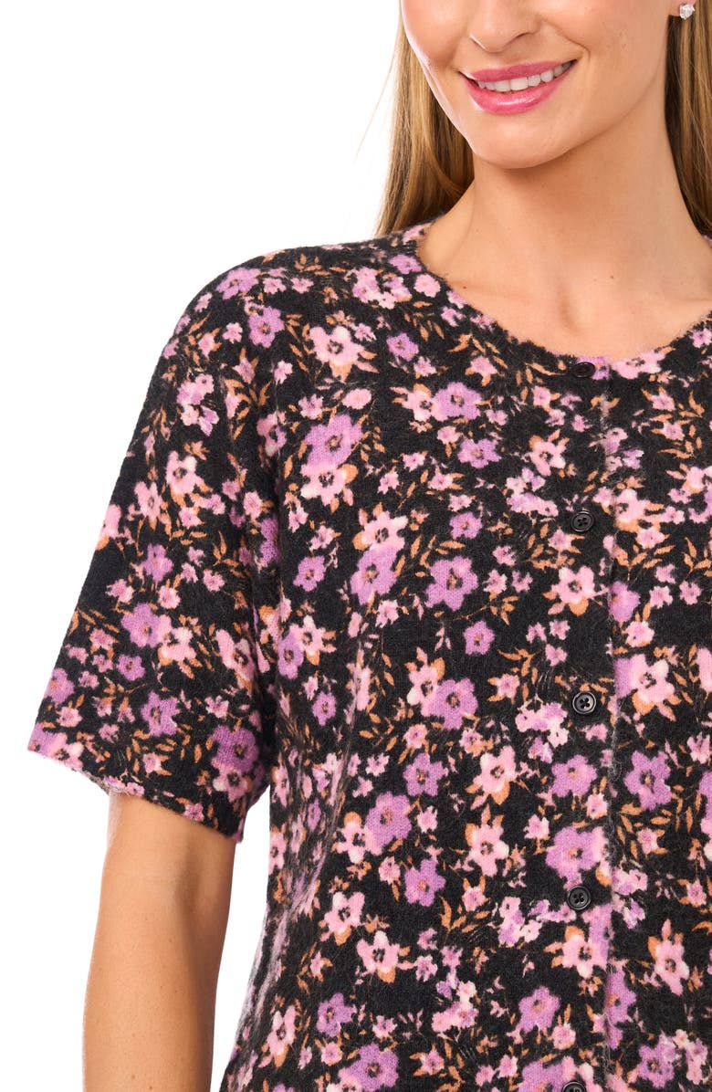 CeCe Floral Print Short Sleeve Cardigan, Alternate, color, Rich Black