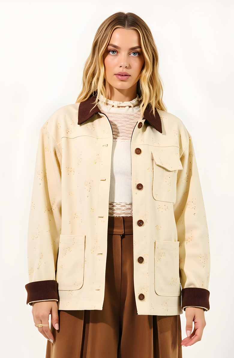 Modenaire Floral Print Utility Jacket with Contrast Corduroy Collar and Cuffs, Main, color,