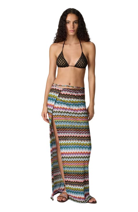 Long Pareo Skirt In Lamé Viscose With Pixel-effect Zigzag Pattern