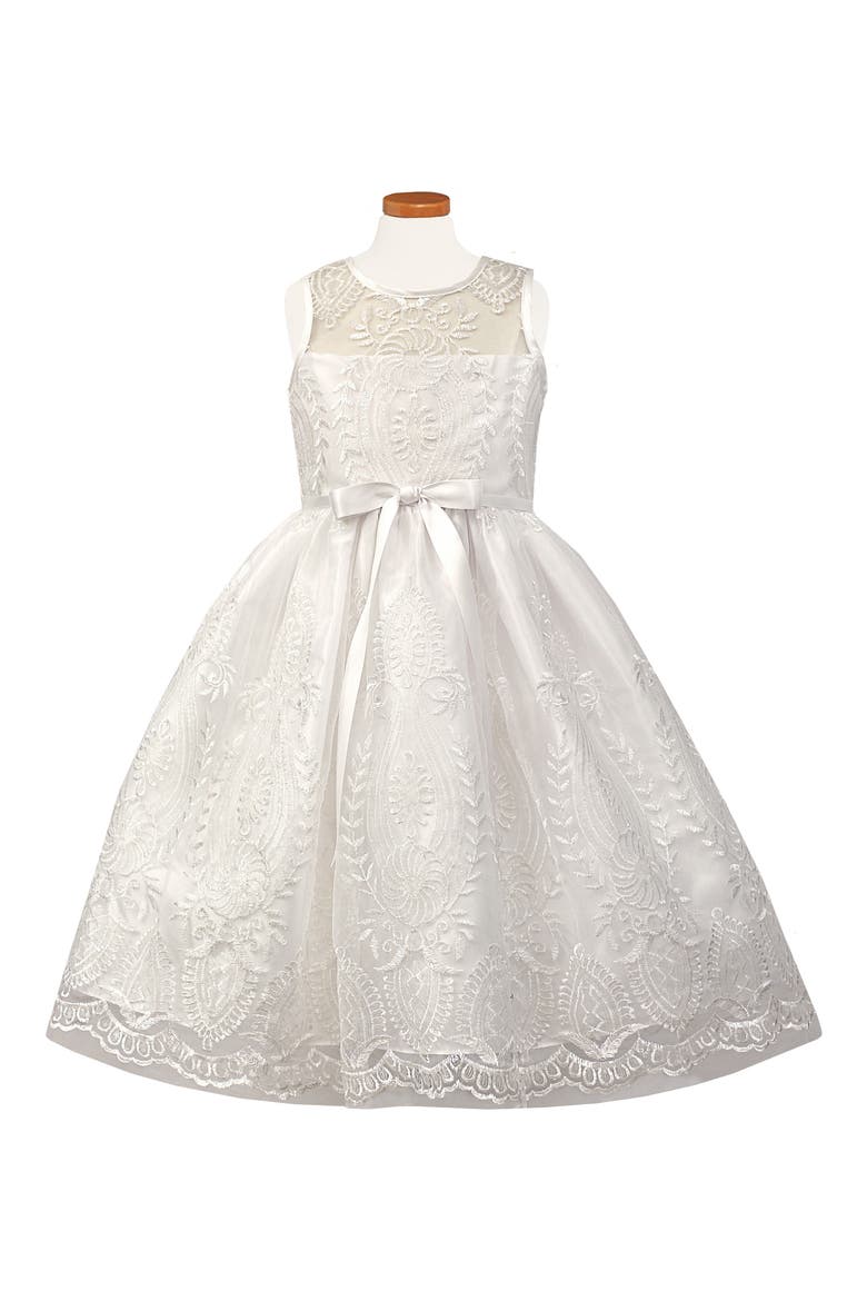 Embroidered First Communion Dress, Main, color, WHITE