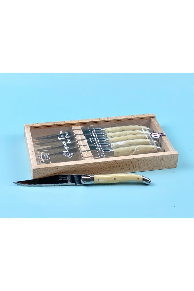 6 Piece Steak Knife Set, Platine Pale Horn in Wood Box with Acrylic Lid, Alternate, color, Beige