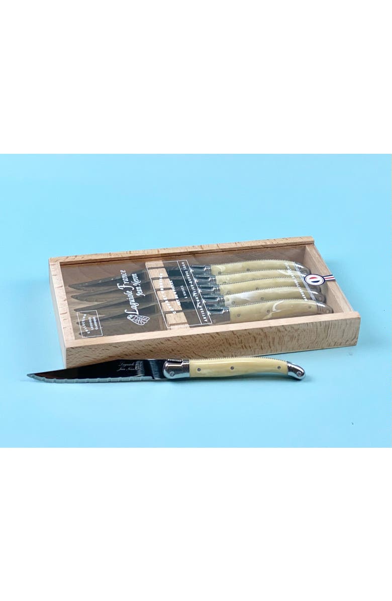 Be Home Laguiole 6 Piece Steak Knife Set, Platine Pale Horn in Wood Box with Acrylic Lid, Alternate, color, Beige