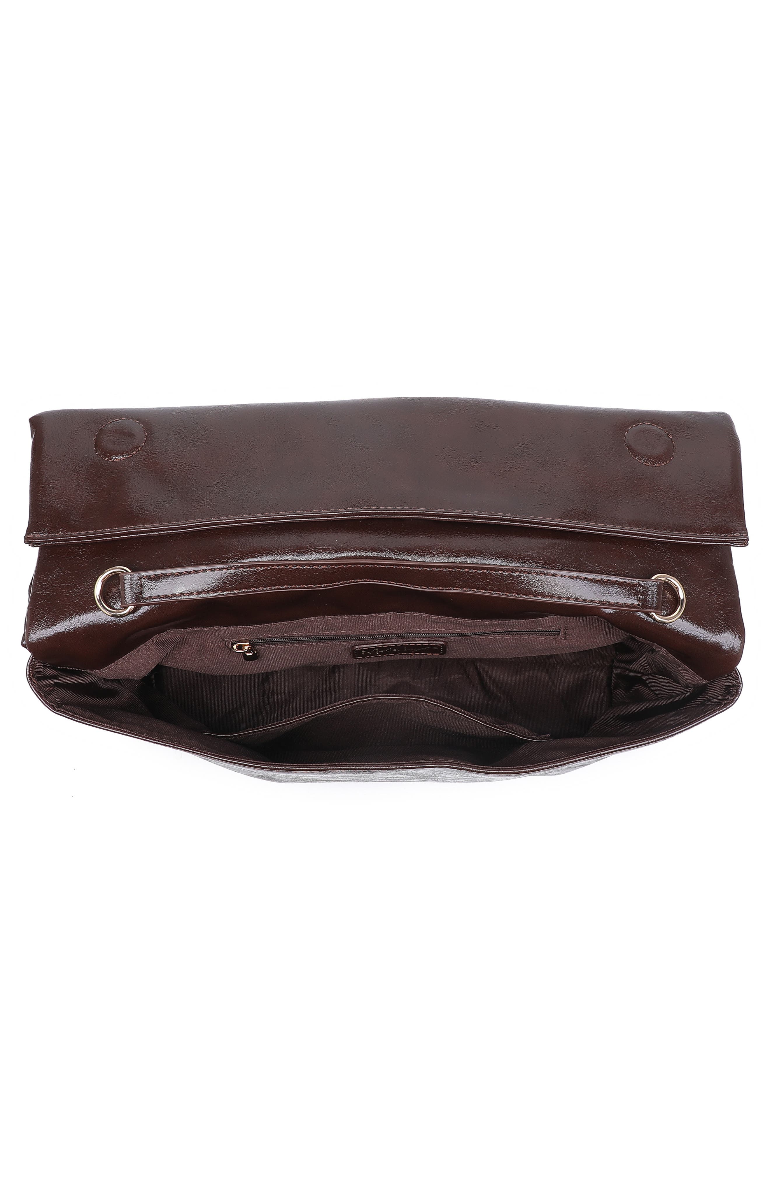 Faux Leather Foldover Clutch, Alternate, color, CHOCOLATE