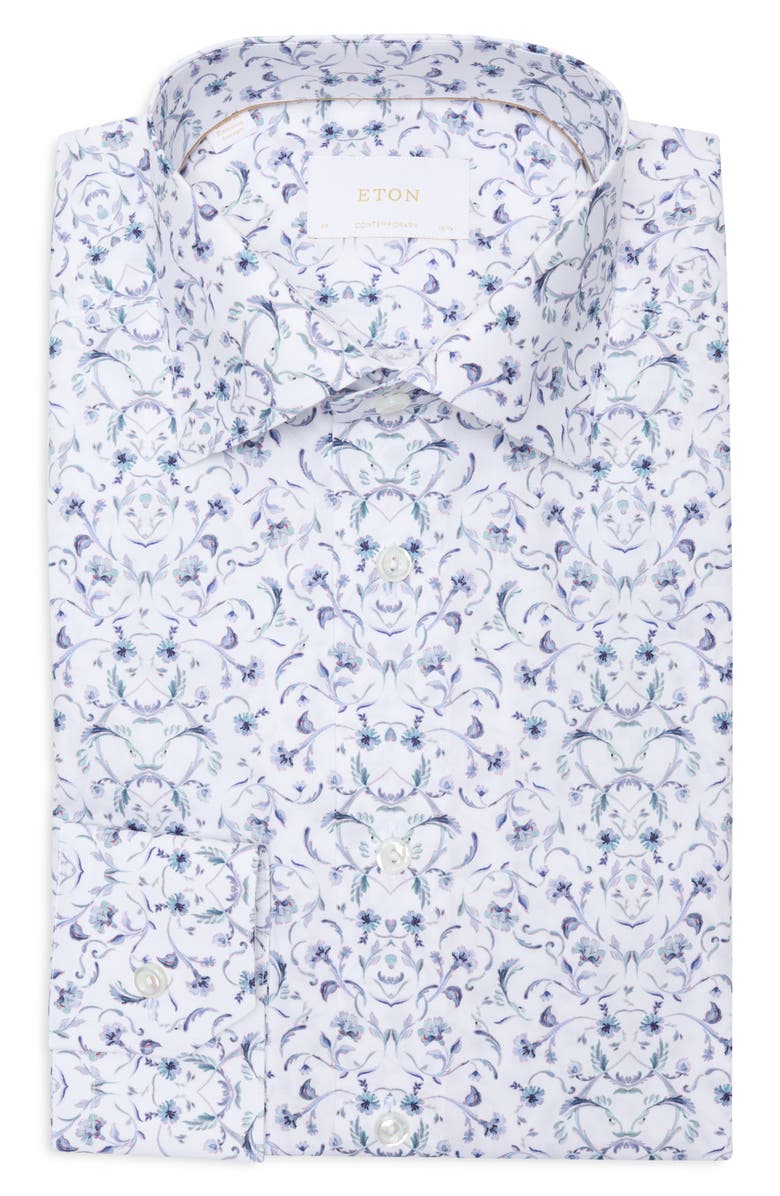 Eton Contemporary Fit Floral Fine Cotton Twill Dress Shirt, Main, color, Medium Blue