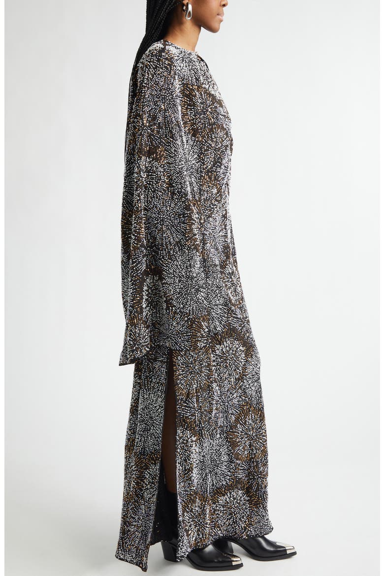 Firework Embellished Long Sleeve Crepe Gown with Detachable Cape, Alternate, color, BLACK