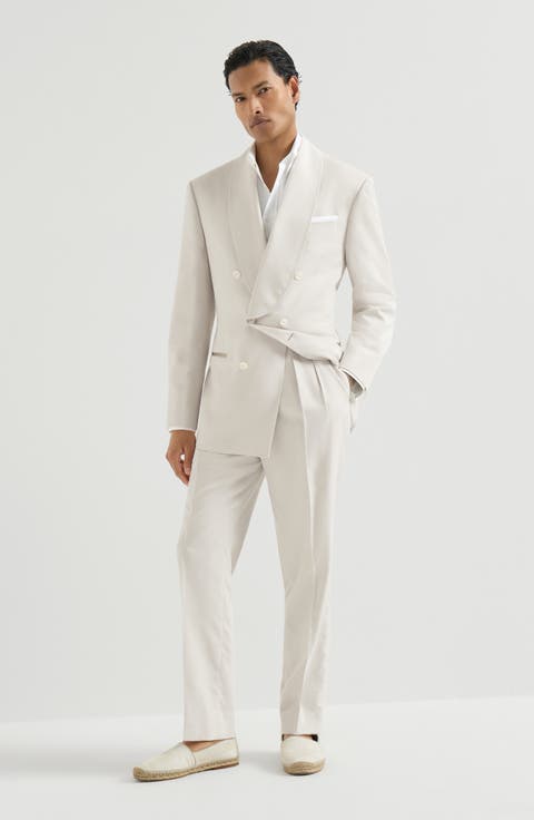 Délavé silk twill tuxedo with one-and-a-half breasted blazer with shawl lapel and trousers with double pleats