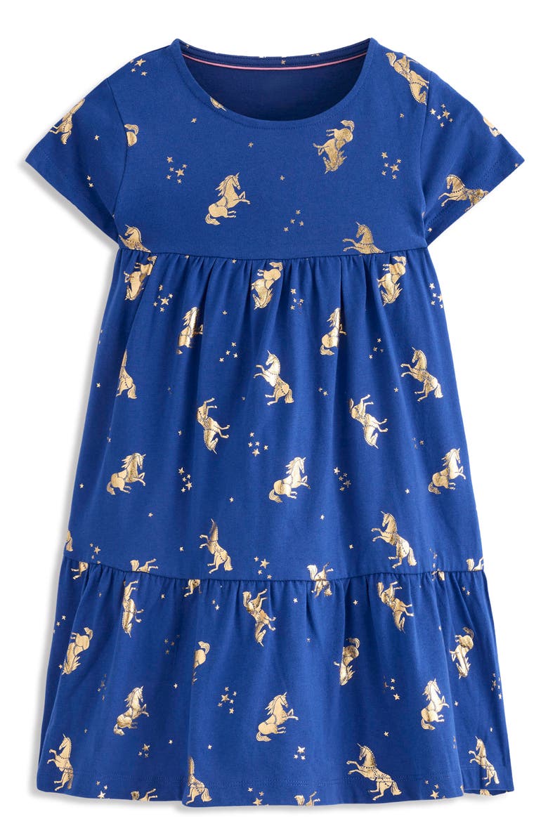 Mini Boden Kids' Ariel Unicorn Print Dress, Main, color, Sapphire Blue Unicorns