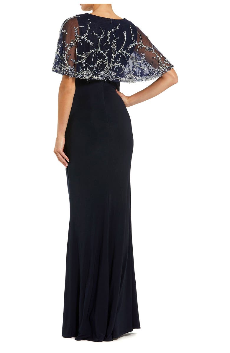 Mac Duggal Fitted Jersey Embellished Cape Gown, Alternate, color, Midnight
