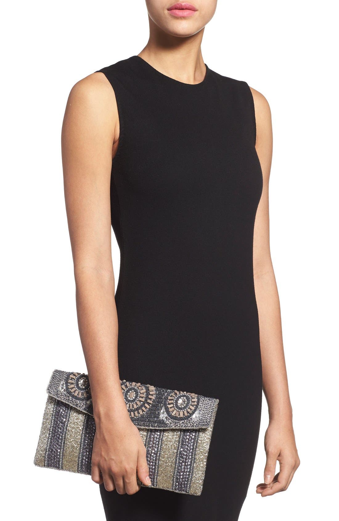 Beaded Stripe Flap Clutch, Alternate, color, PEWTER