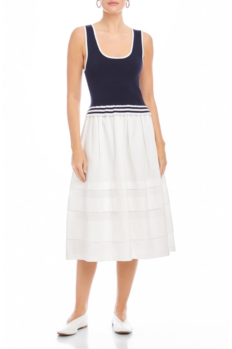 Thea Mixed Media Midi Dress, Main, color, NAVY W/ WHITE