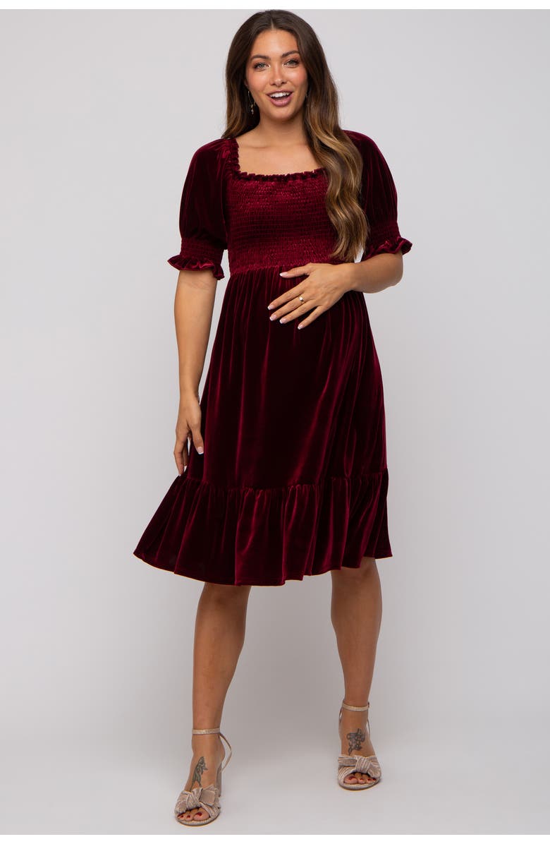 PinkBlush Velvet Smocked Puff Sleeve Dress, Alternate, color, Burgundy