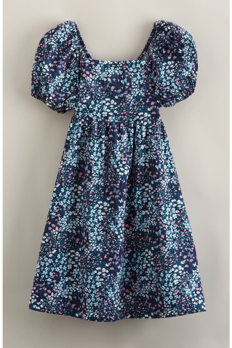 Kids' Puff Sleeve Bow Back Cotton Dress, Main, color, NAVY- TEAL VINTAGE GARDEN