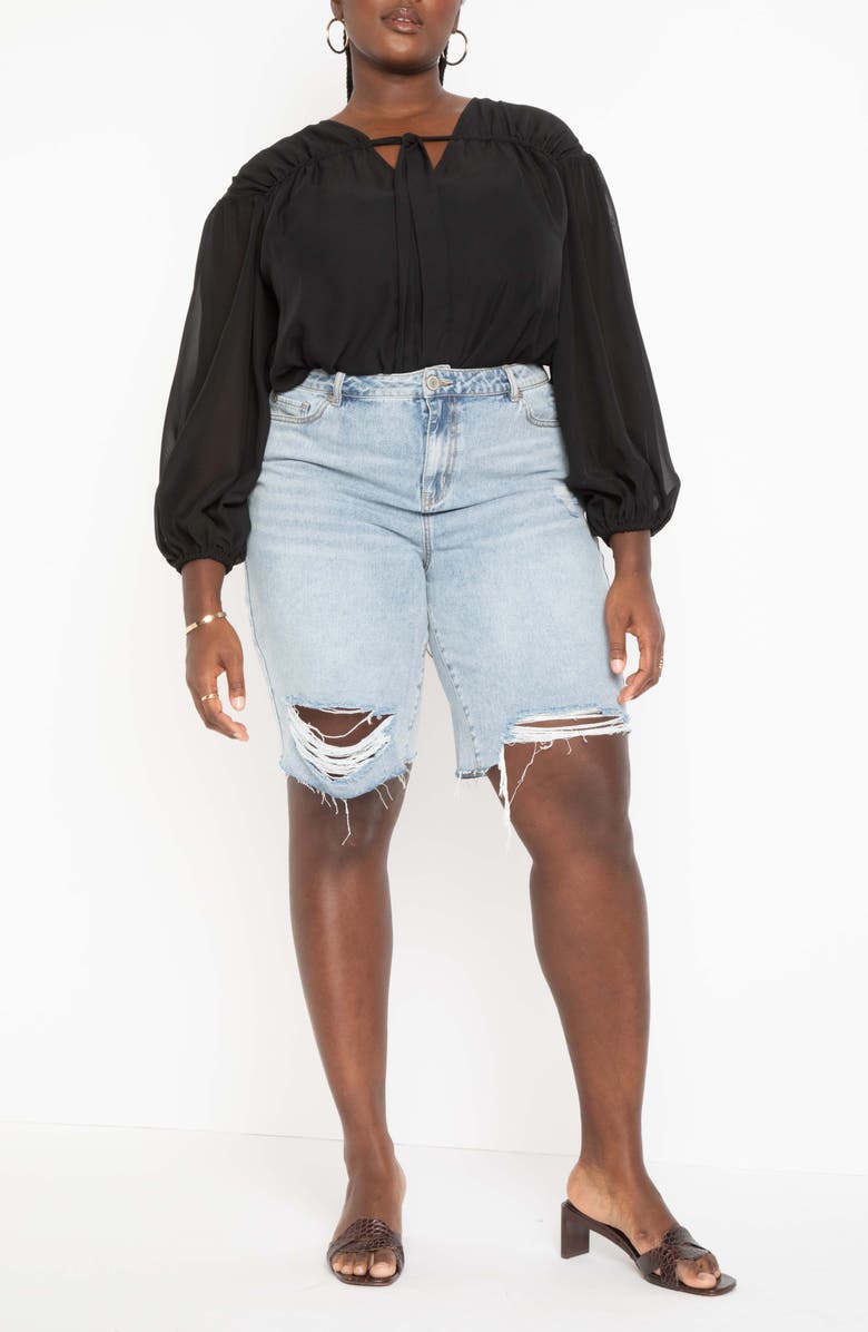 ELOQUII City Raw Hem Denim Shorts, Alternate, color,