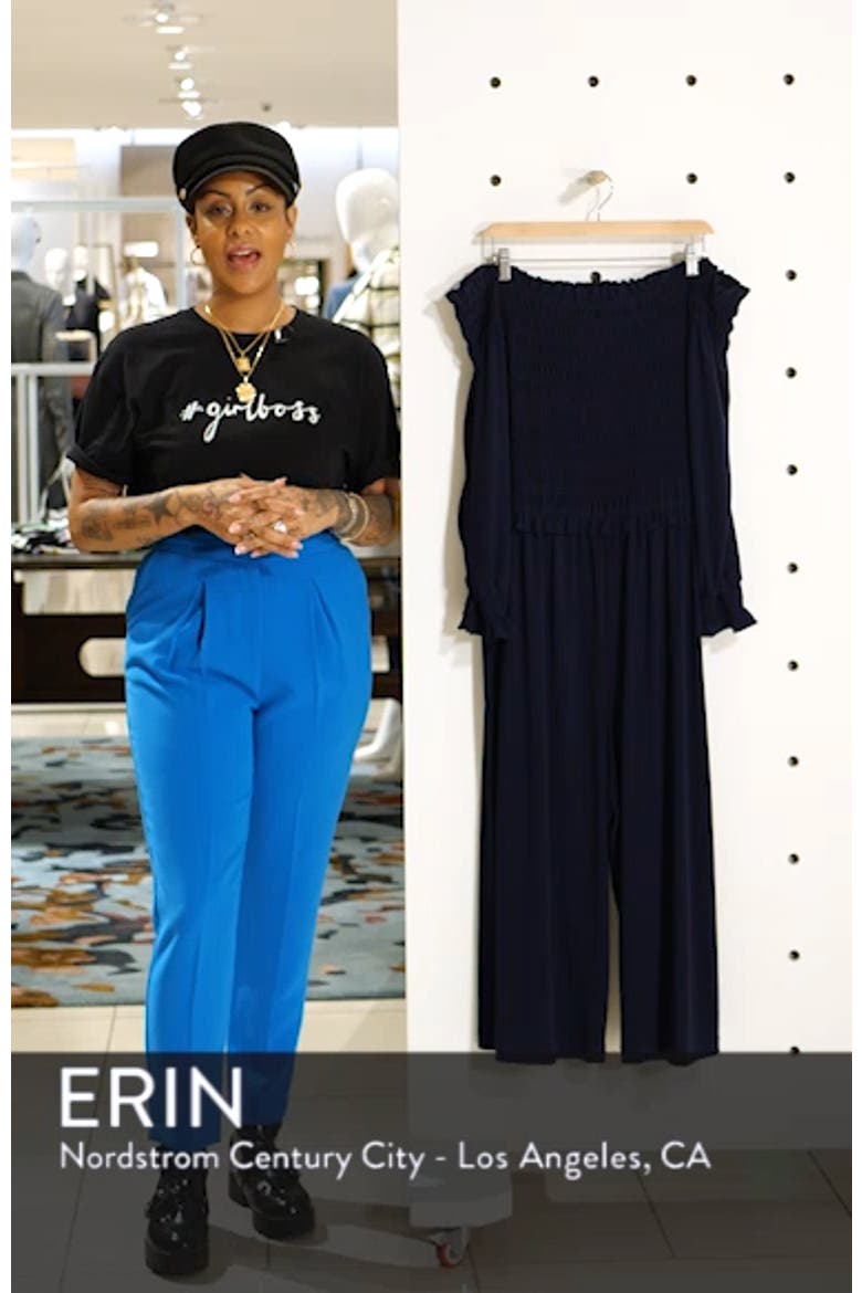Long Sleeve Off the Shoulder Smocked Jumpsuit video