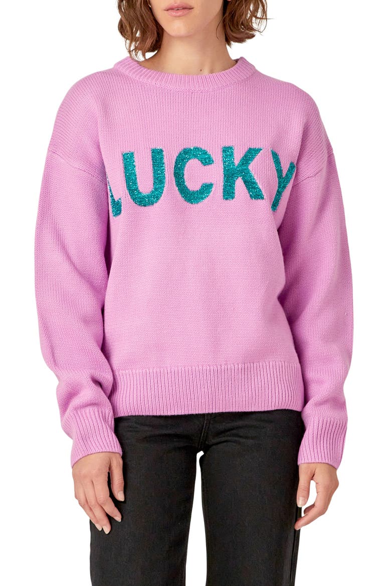 Glitter Lettering Sweater, Main, color, PINK
