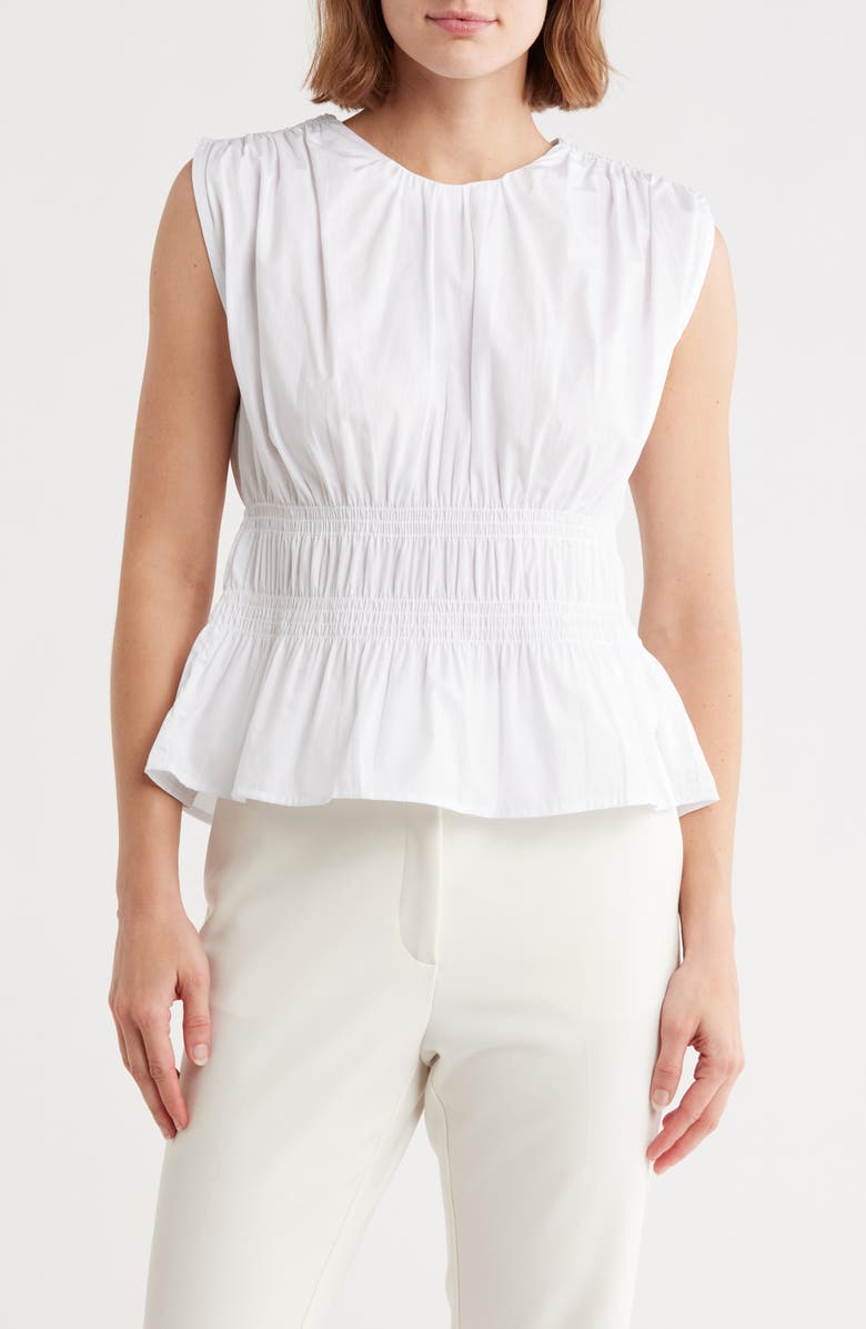 Calvin Klein Smocked Sleeveless Cotton Poplin Top, Main, color, Brilliant White