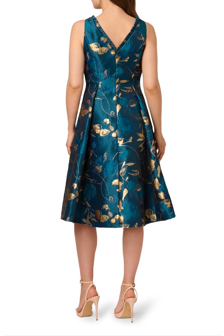 Metallic Jacquard Fit & Flare Cocktail Dress, Alternate, color, TEAL SAPPHIRE/ GOLD
