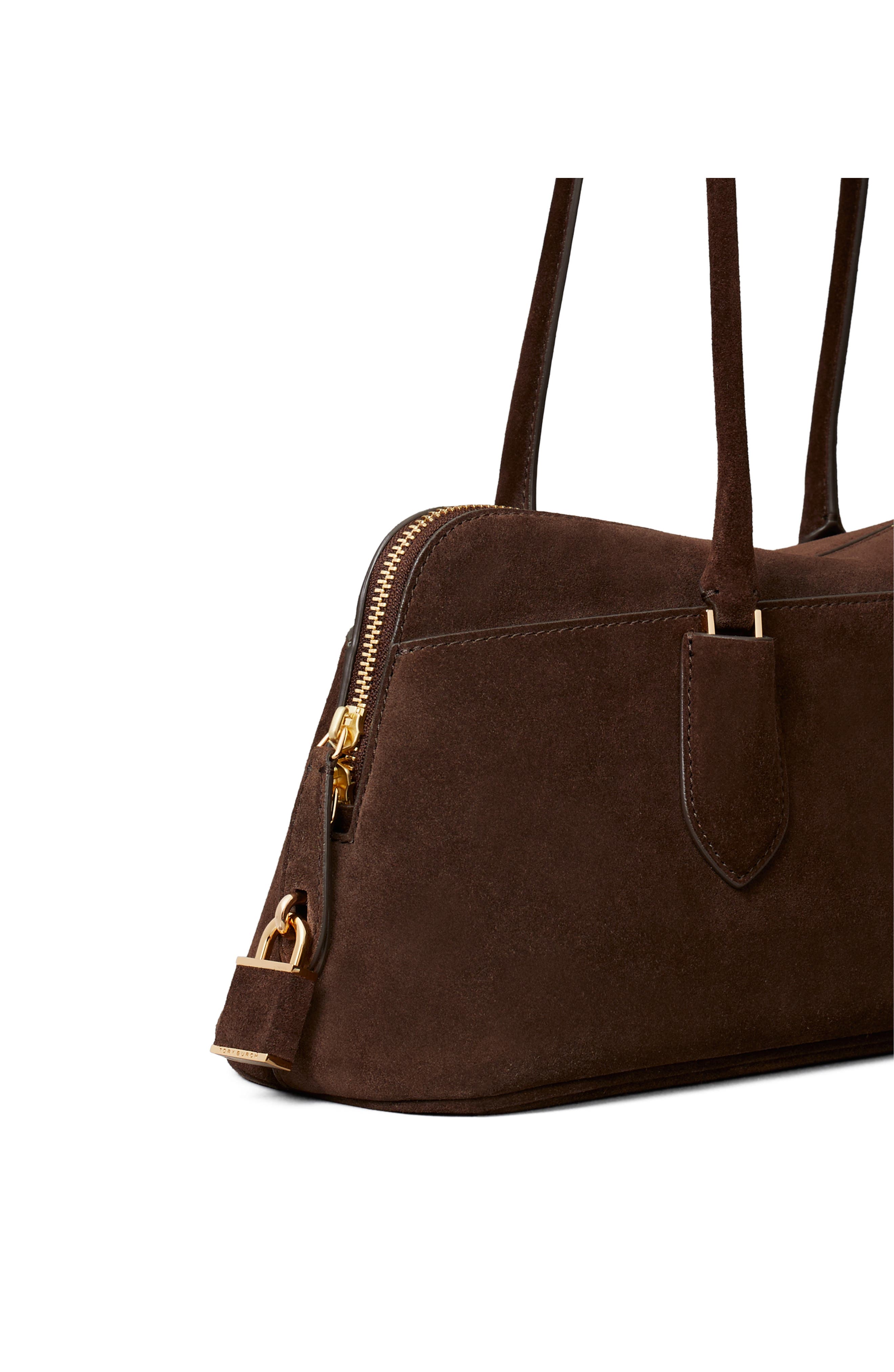 Lock Suede East-West Satchel, Alternate, color, DARK COCOA